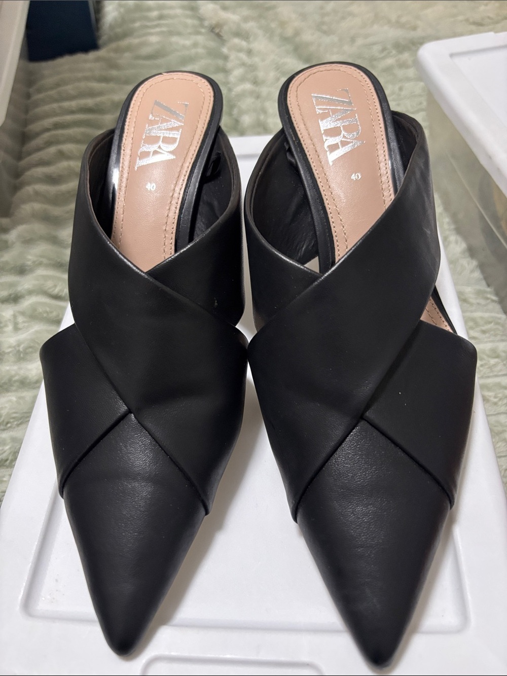 Zara Black Pointed Cross-Over Leather Mule